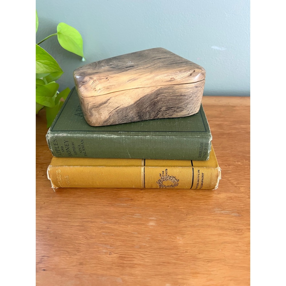 Hand Carved Natural Wood Trinket Box Velvet Lined 5.5" Organic Shape Lid